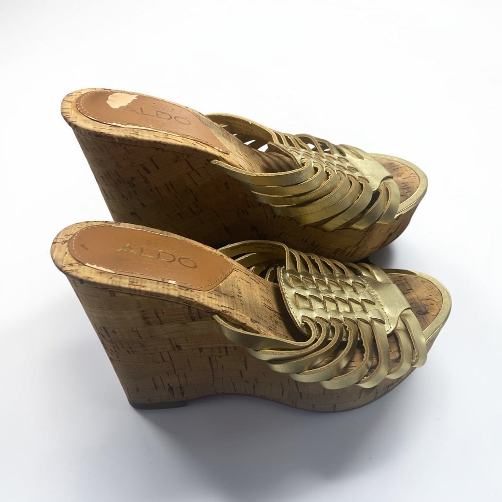 Aldo Gold Metallic Strappy Cork Wedge Sandals Women estimated size 6